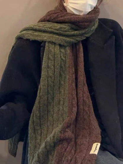Unisex Two Tone Cable Knit Warm Scarf — olive and brown scarf worn with the ends hanging long