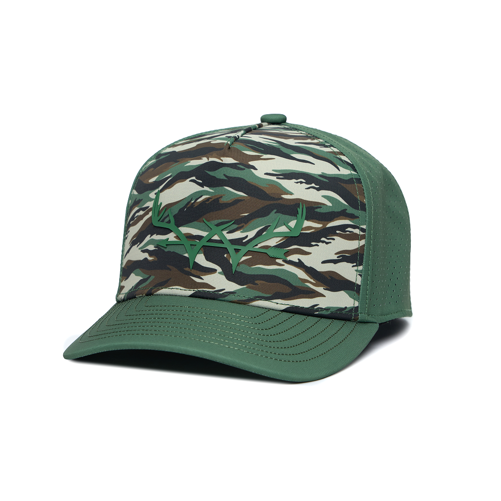 Webb Western Green Tiger cap, angled front showing the crown design and brim