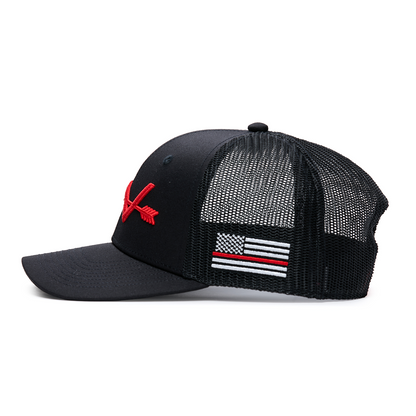 Webb Western Red Line cap, side profile showing the mesh back and brim