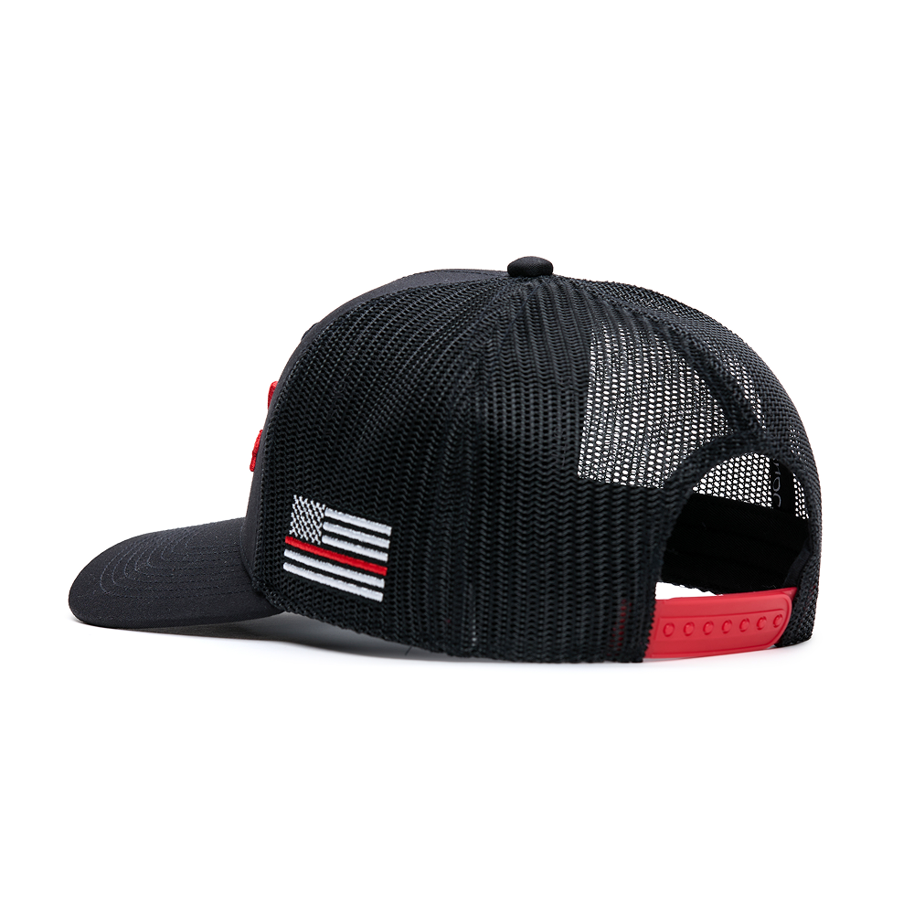 Webb Western Red Line cap, rear angle showing the mesh panels and snapback closure