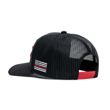 Webb Western Red Line cap, rear angle showing the mesh panels and snapback closure