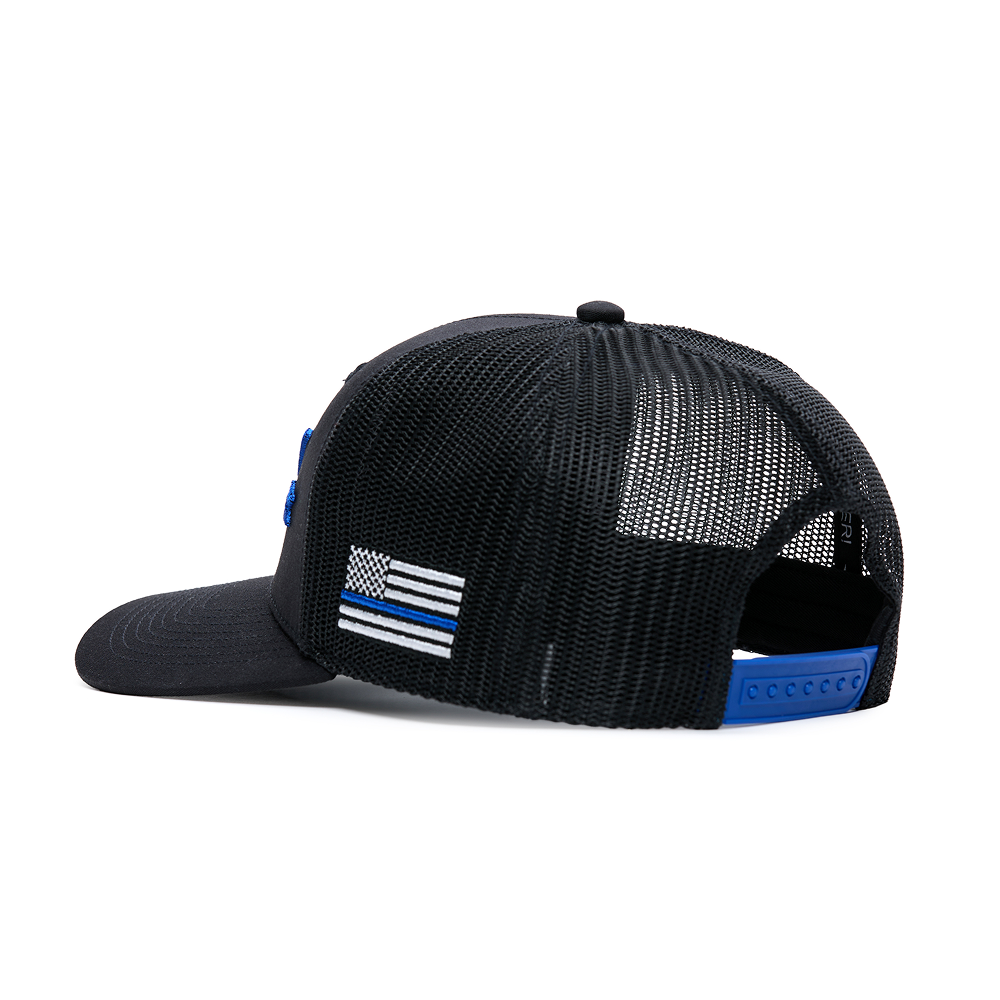 Webb Western Blue Line cap, rear angle showing the mesh panels and snapback closure