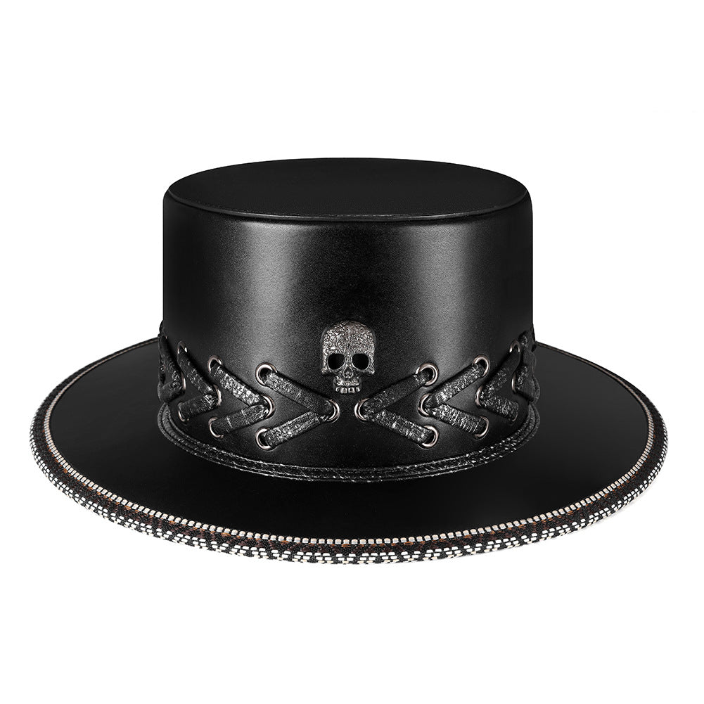 Unisex Halloween Punk Skull Black Top Hat - Black side angle