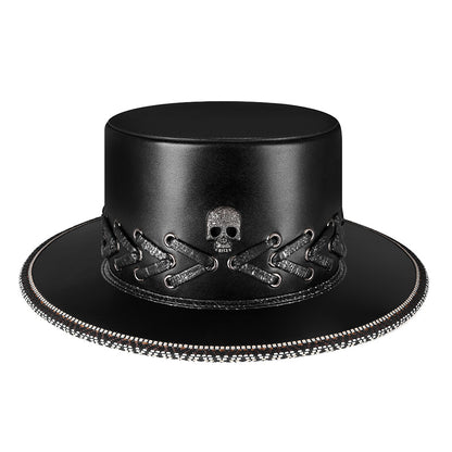Unisex Halloween Punk Skull Black Top Hat - Black side angle