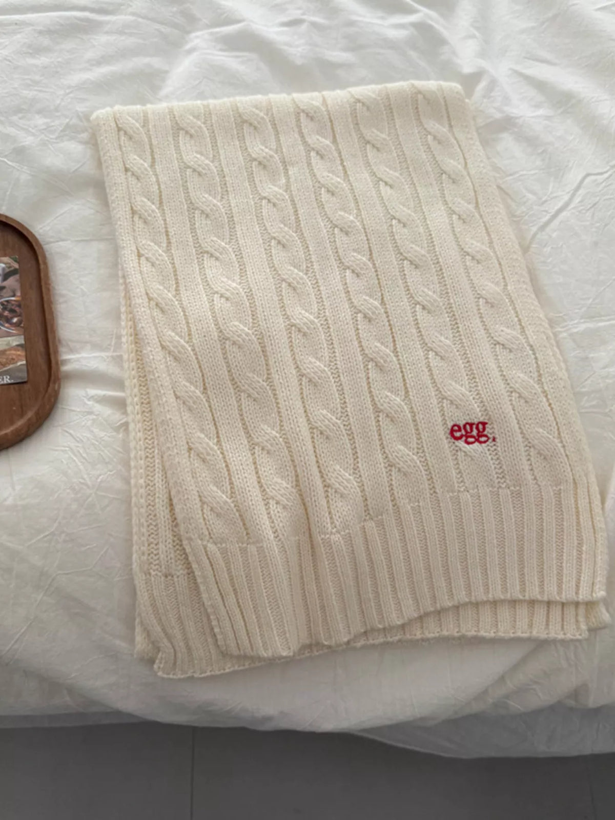 Unisex Cable Rib Winter Scarf — pale scarf laid flat to show the cable-like knit