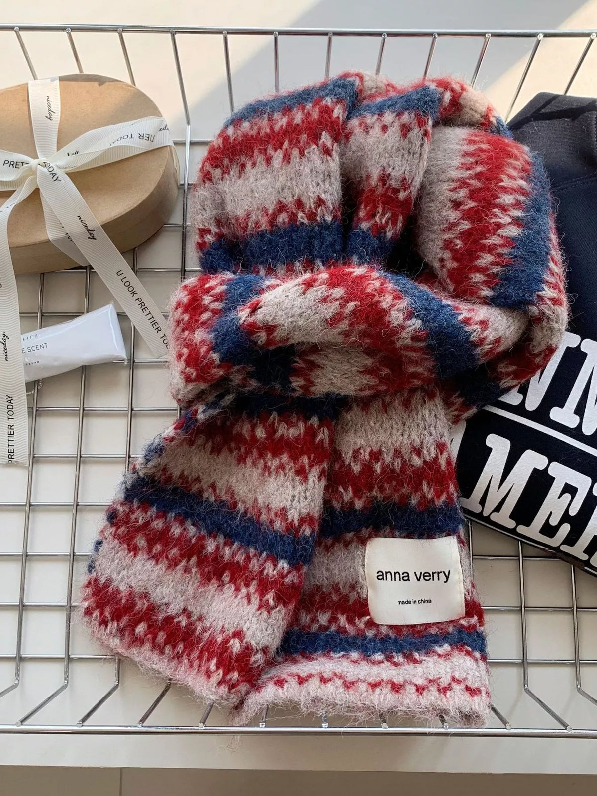 Unisex Striped Knitted Warm Scarf — red and blue toned striped wool scarf tied flat
