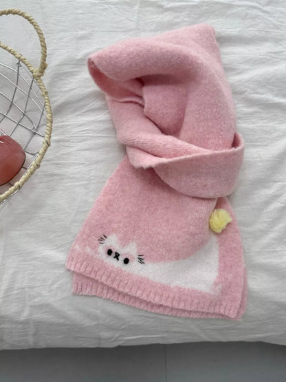Unisex Playful Cat Knit Scarf — pink cat scarf looped with the lower motif visible