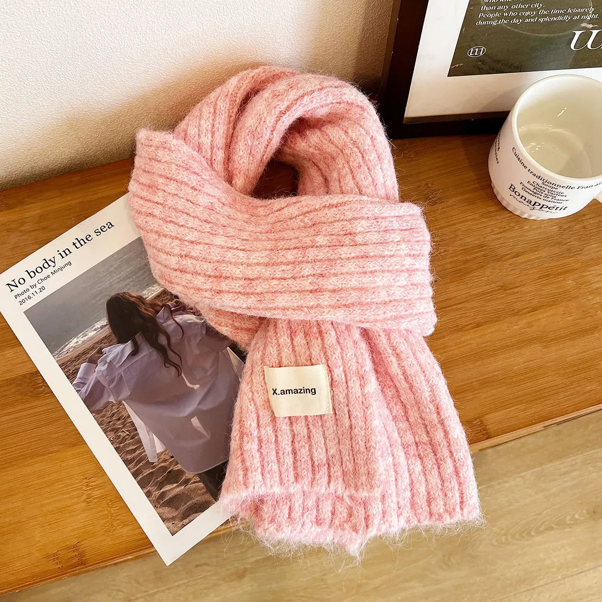 Unisex Soft Ribbed Wool Scarf — blush pink ribbed wool scarf loosely tied