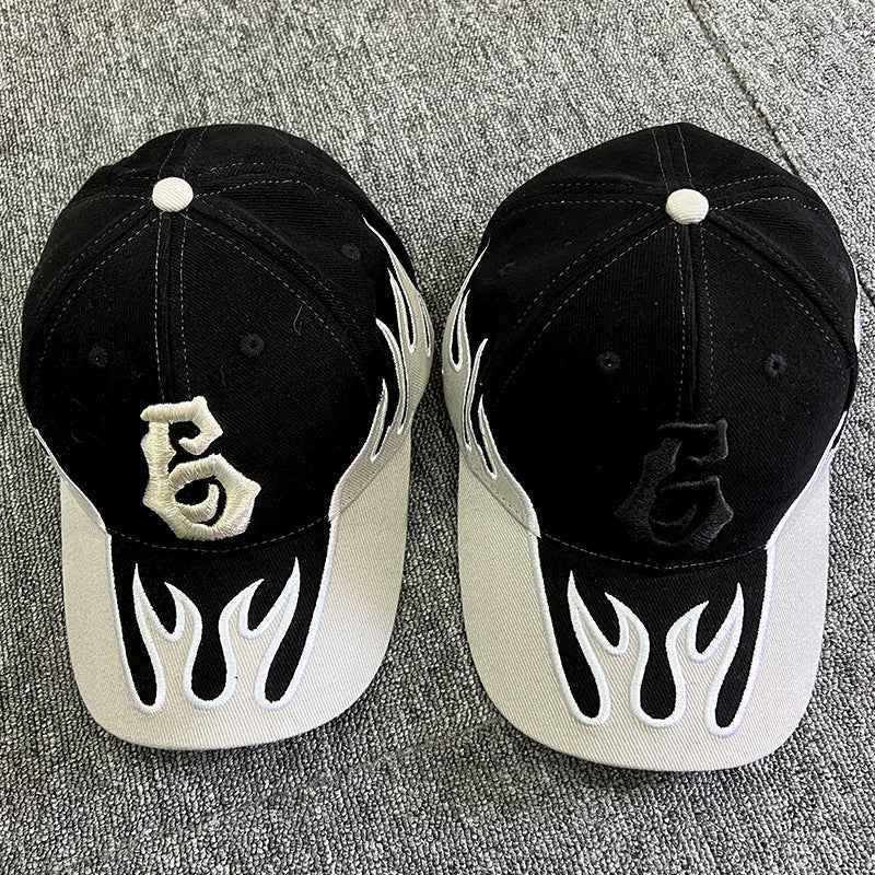 Black flame embroidered adjustable baseball cap
