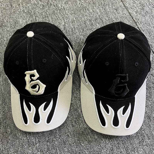 Black flame embroidered adjustable baseball cap
