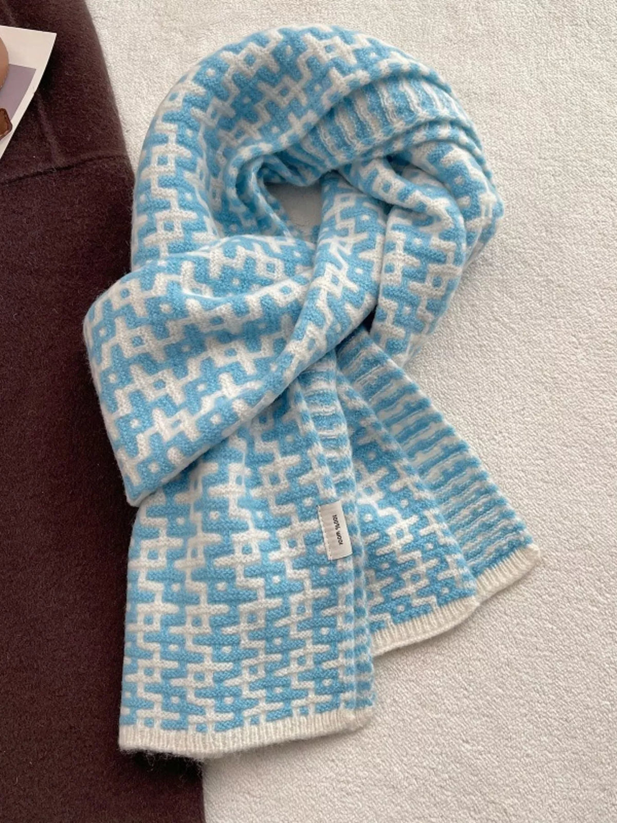 Unisex Wool Geometric Pattern Knitted Warm Scarf — blue and cream geometric scarf in a front knot