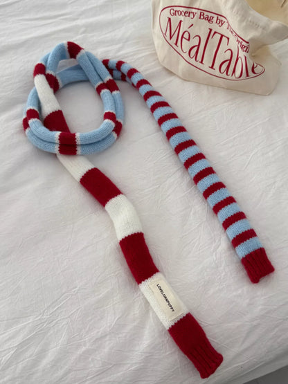 Unisex Red Stripe Skinny Scarf — long slim scarf showing contrasting stripe widths