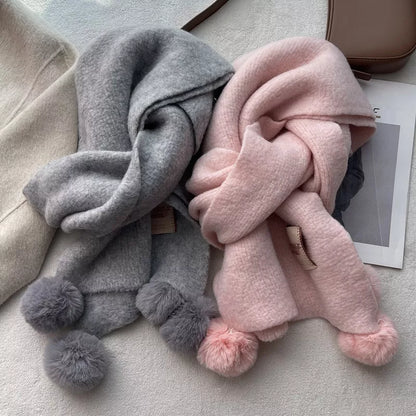 Unisex Pom-Pom Tassel Warm Scarf — gray and pink pom-pom scarves loosely tied together