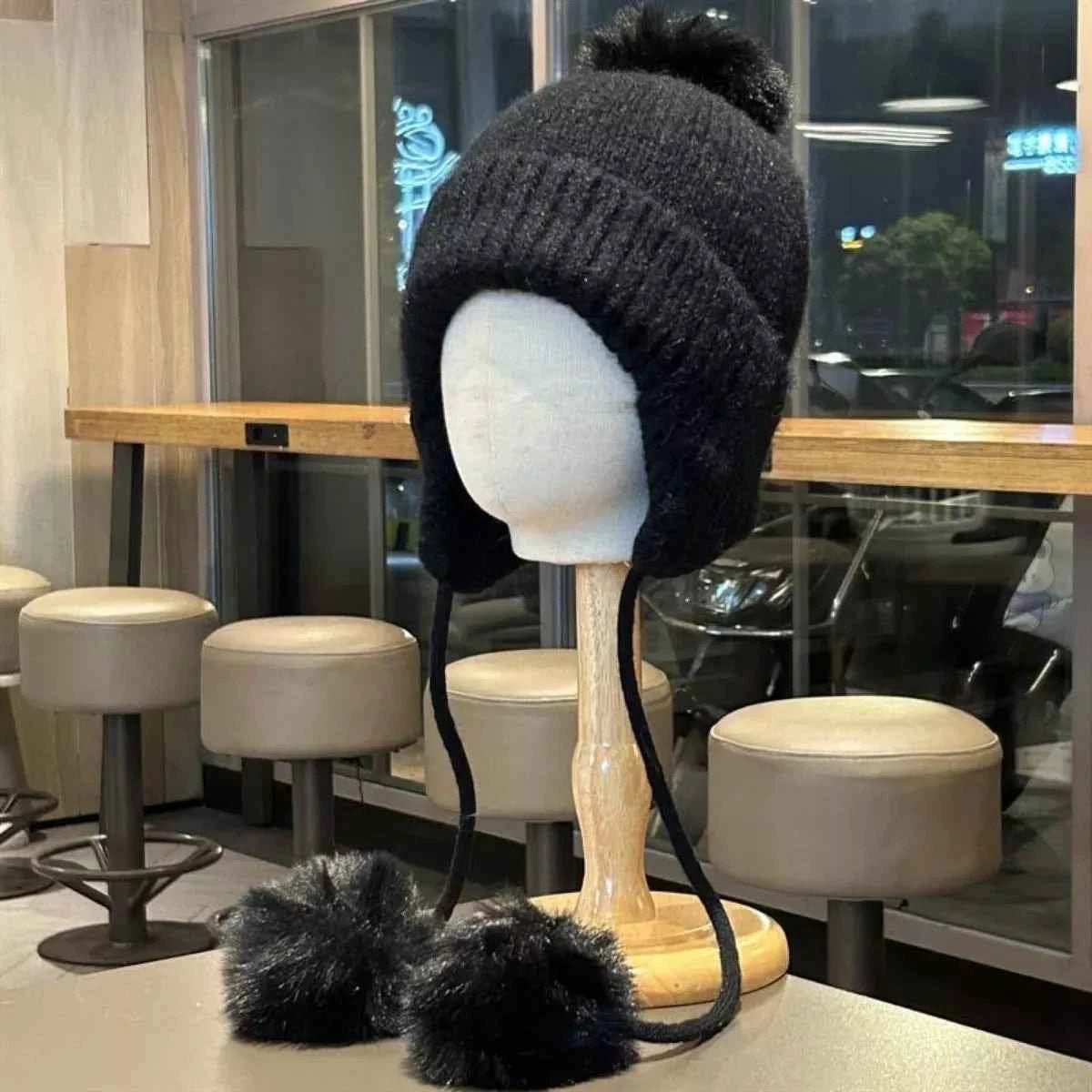 Black pom pom ear flap winter beanie