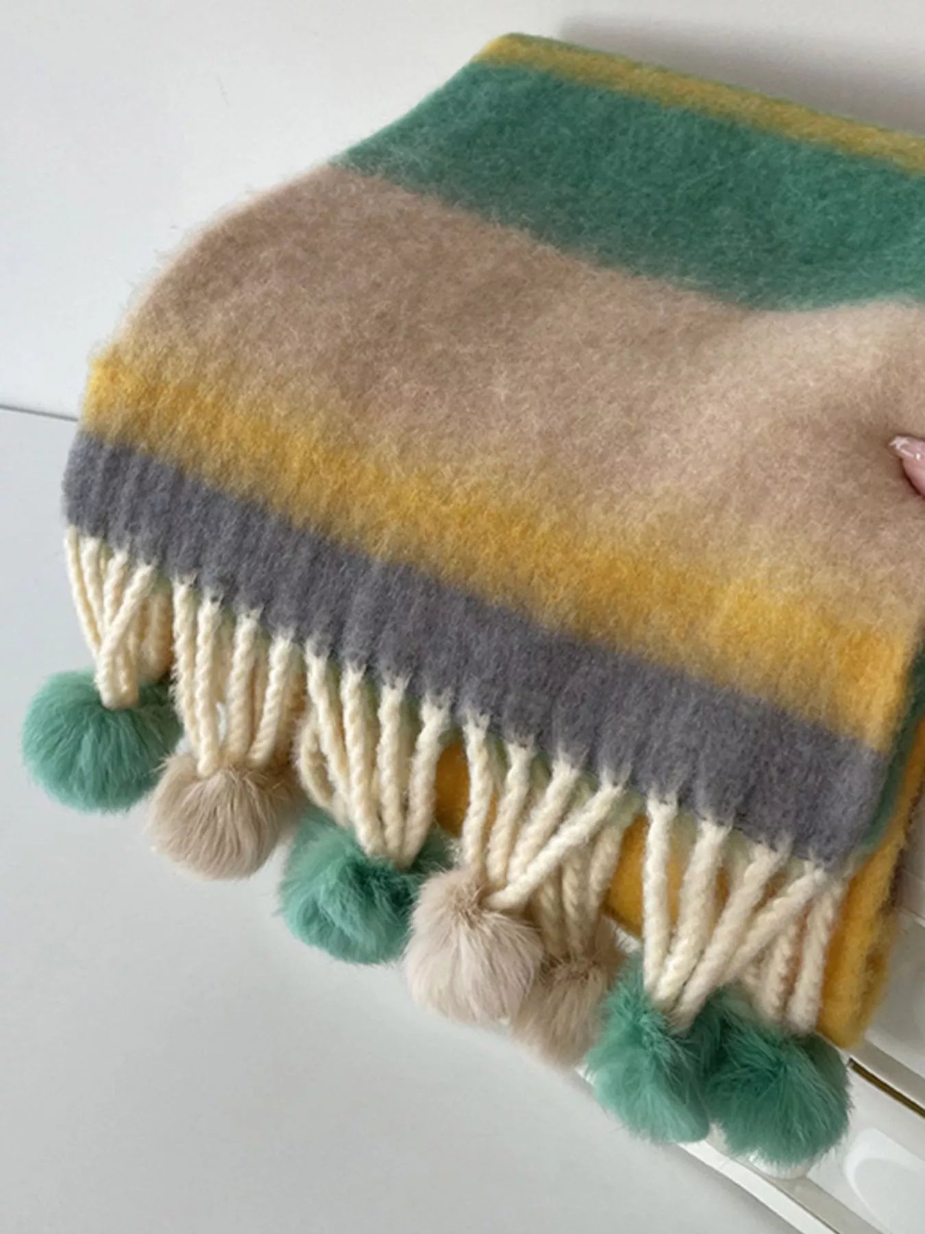 Women's Rainbow Striped Fuzzy Scarf with Pom-Poms in Style B - styled detail 8