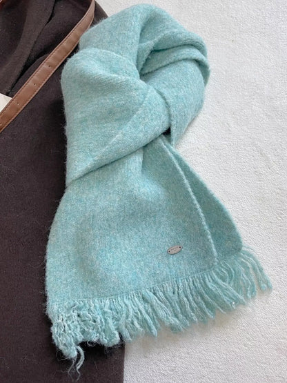 Unisex Fringe Hem Knitted Scarf — pale blue scarf showing fine fringe hem