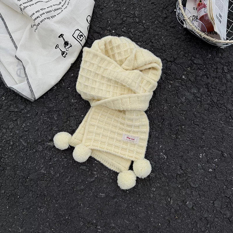 Unisex Waffle Knit Pom-Pom Scarf — yellow waffle scarf folded with rounded ends visible