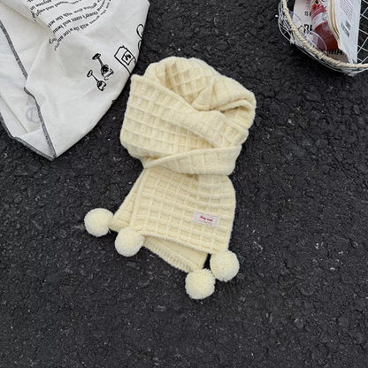 Unisex Waffle Knit Pom-Pom Scarf — yellow waffle scarf folded with rounded ends visible