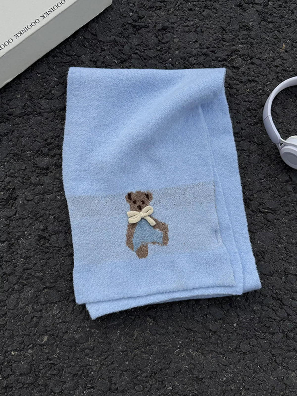 Unisex Bear Motif Knit Scarf — blue knitted scarf with small illustrated bear
