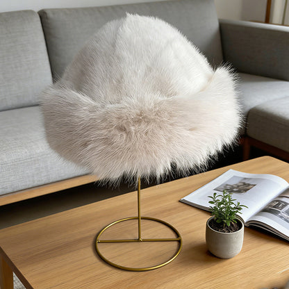 White plush cloche hat with a cream-toned fluffy edge