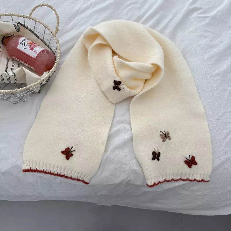 Unisex Butterfly Embroidered Scarf — milky white scarf with small contrasting butterflies
