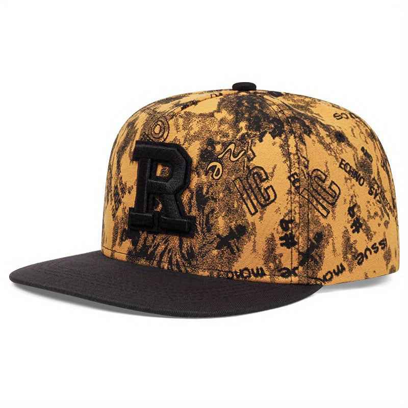 Khaki patterned R letter snapback side angle