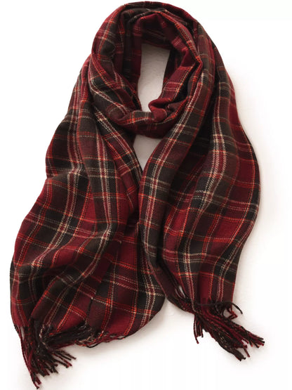 Unisex Oversized Classic Plaid Fringe Scarf in Navy - fabric texture 3