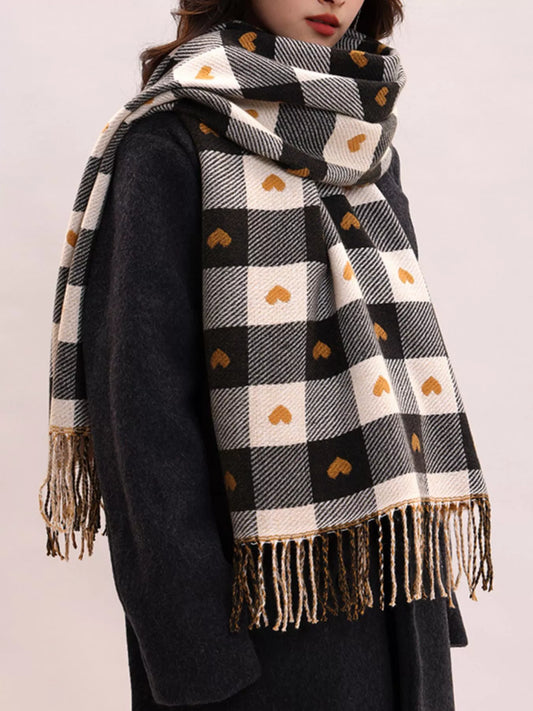 Women's Heart Pattern Plaid Tassel Scarf in Black - front view 1