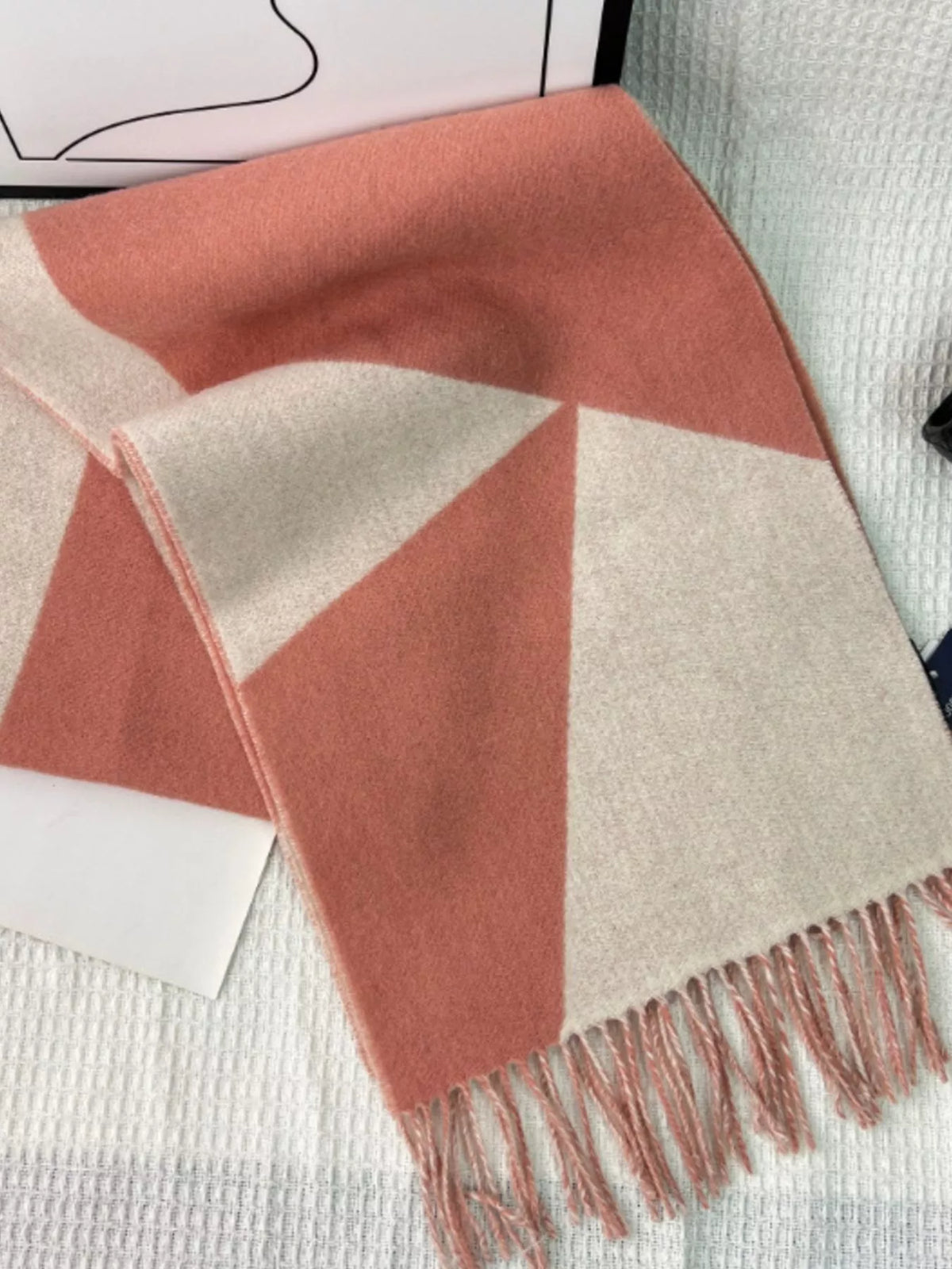 Unisex Fringe Color Block Scarf — color block scarf showing overlapping pale and pink panels