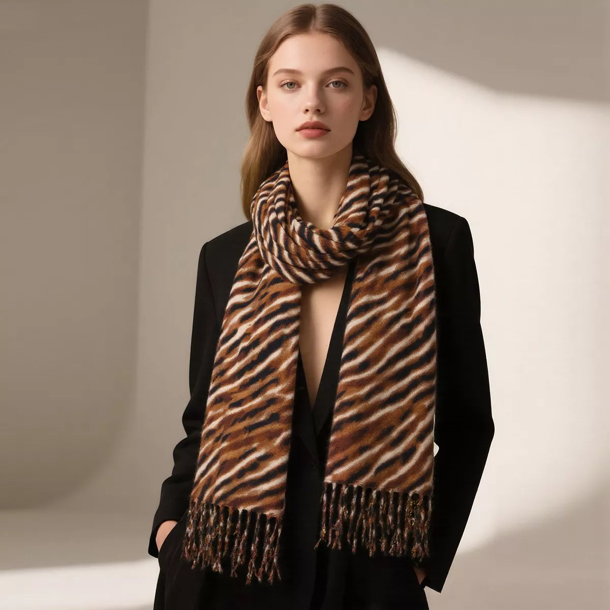 Unisex Fringe Printed Scarf — brown patterned scarf worn long with a plain top