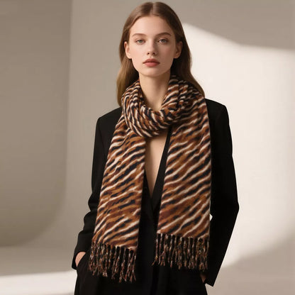 Unisex Fringe Printed Scarf — brown patterned scarf worn long with a plain top