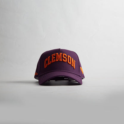 Front view of the Destination Hat Co. Clemson Legacy snapback with orange embroidery