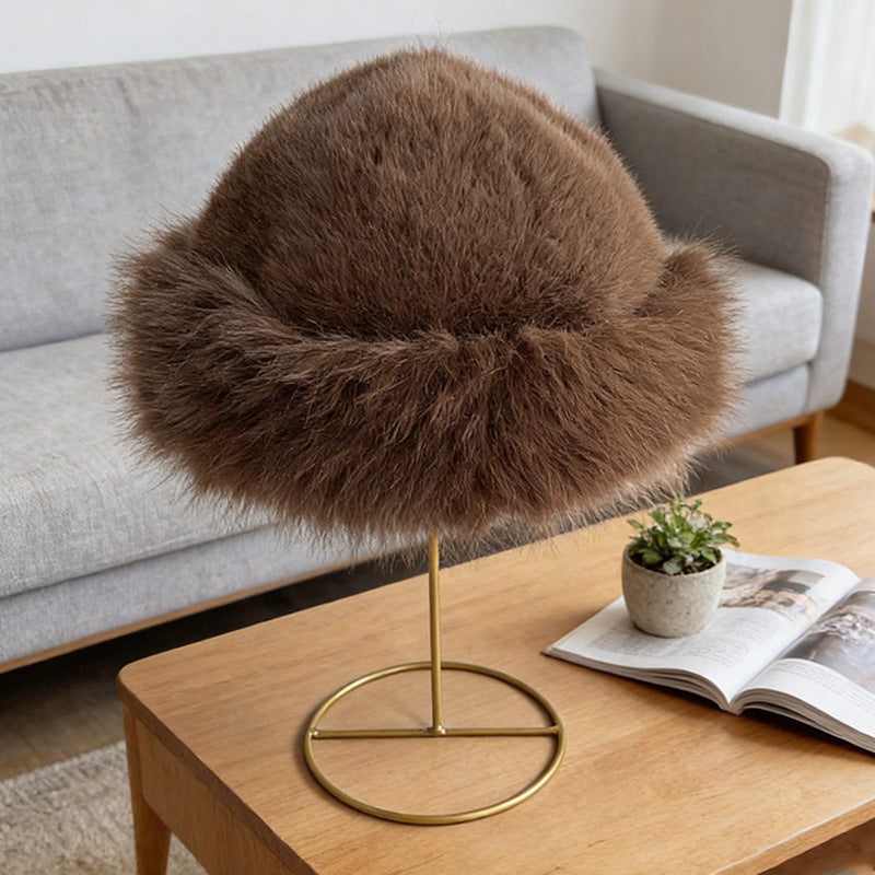 Brown faux fur cloche showing its rounded silhouette