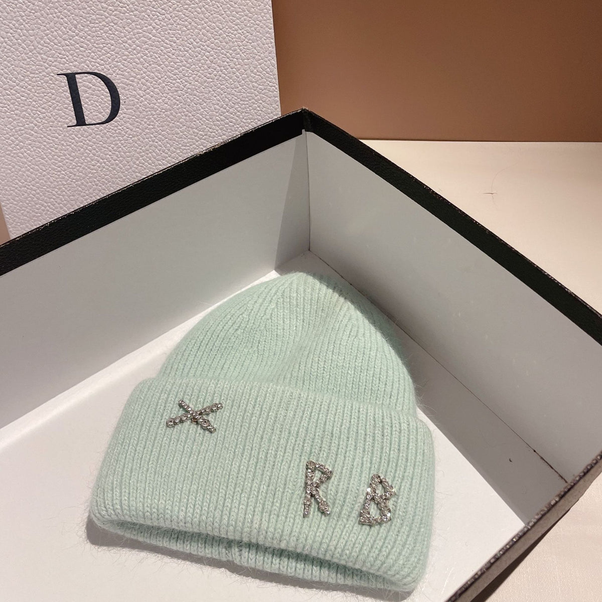 Women's Rhinestone Embellished RB Letter Knit Winter Beanie — mint green knit beanie showing rhinestone letter detail