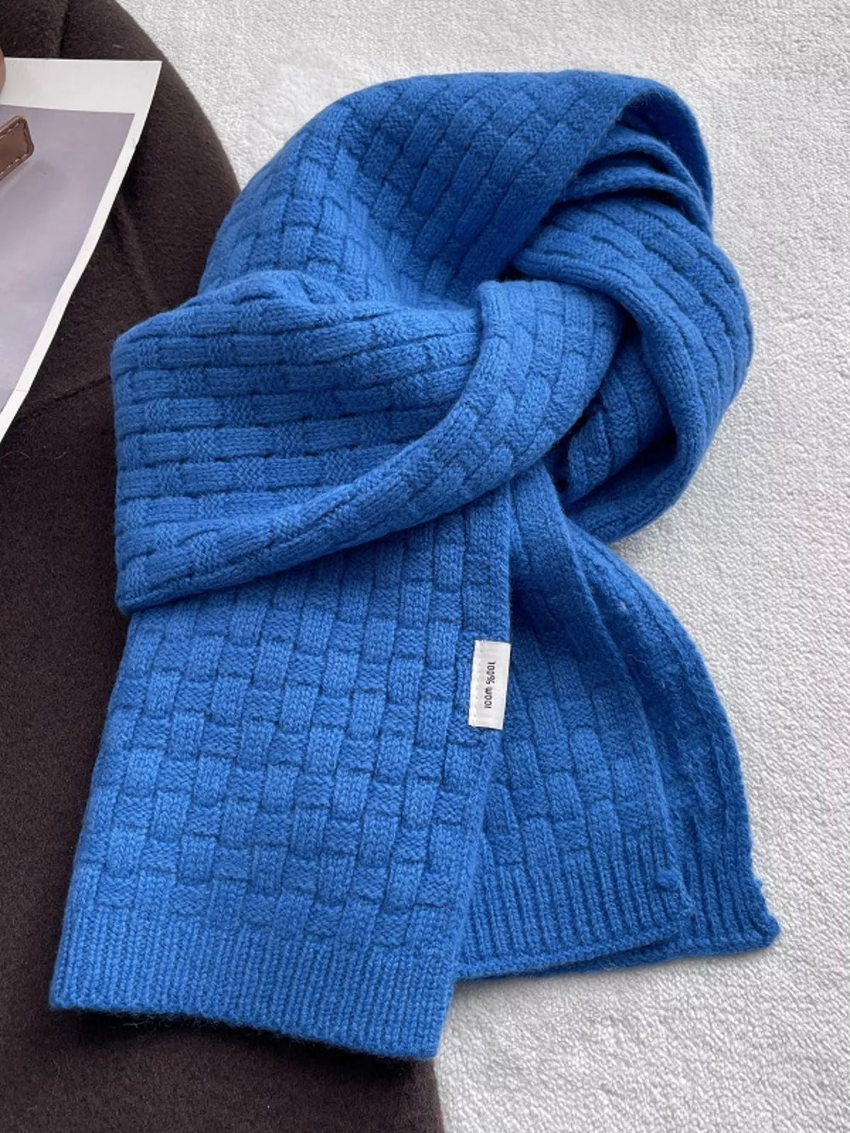 Unisex Wool Woven Pattern Knitted Scarf — royal blue scarf showing square knit pattern