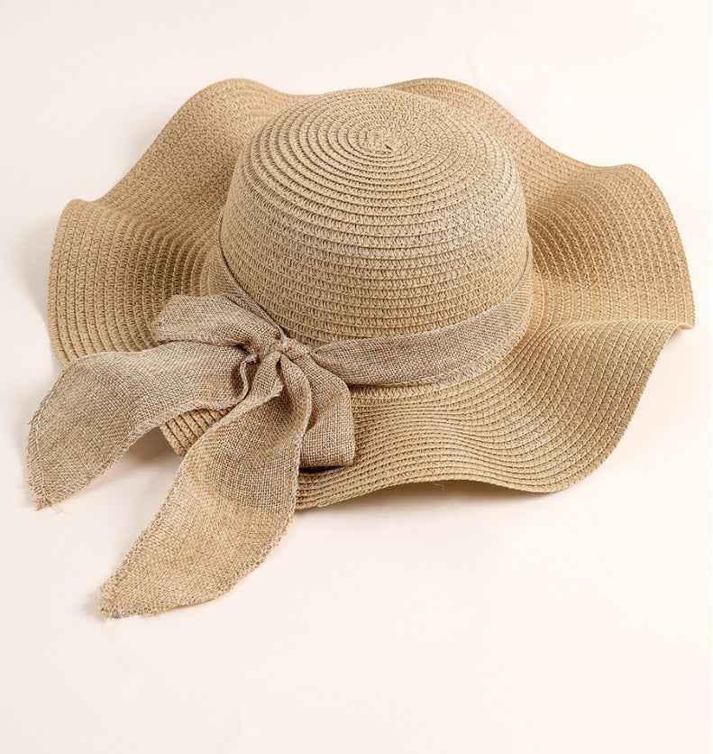 Women's Khaki Linen Ribbon Handwoven Wide Brim Bow Straw Sun Hat style view