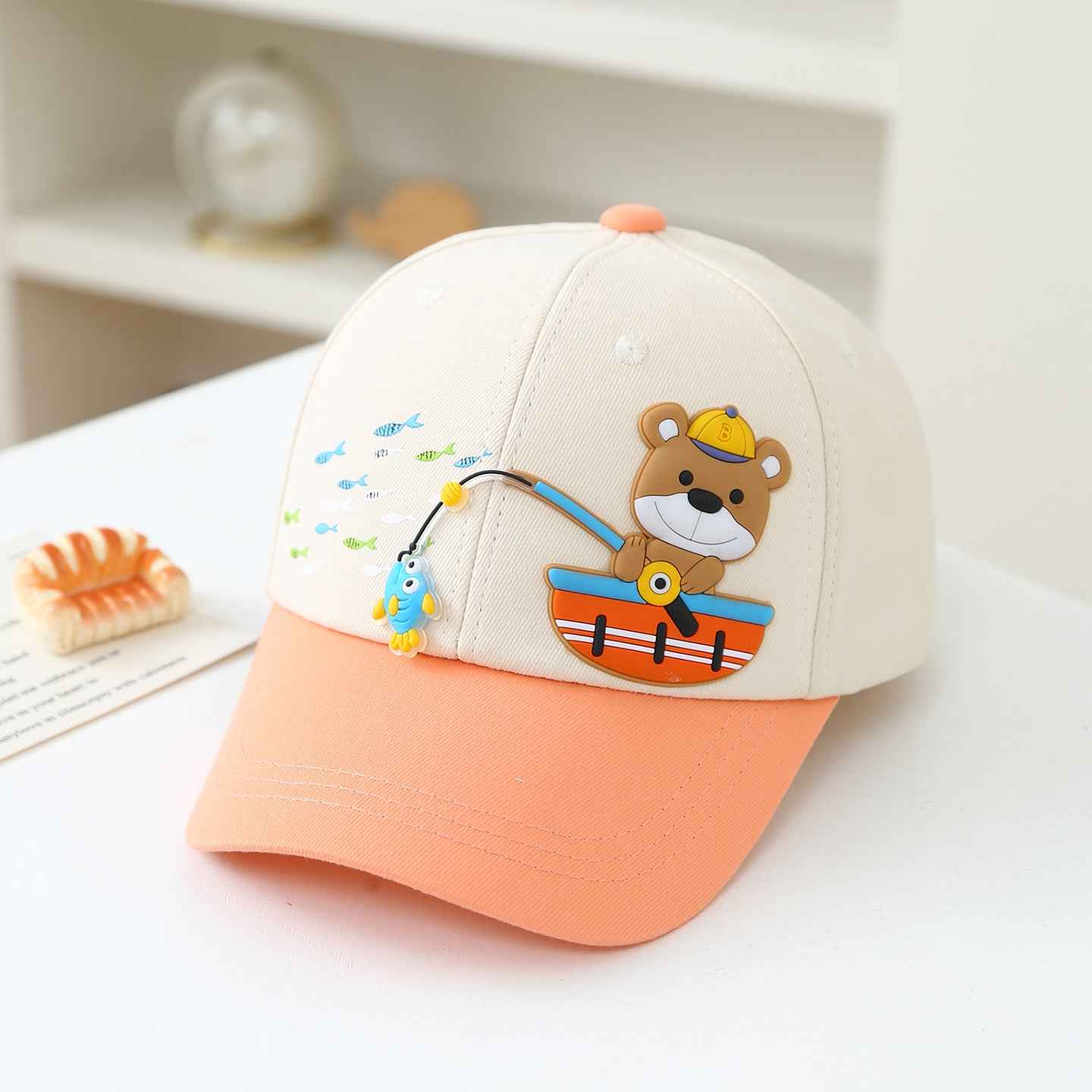 Pink white kids baseball cap teddy bear detail