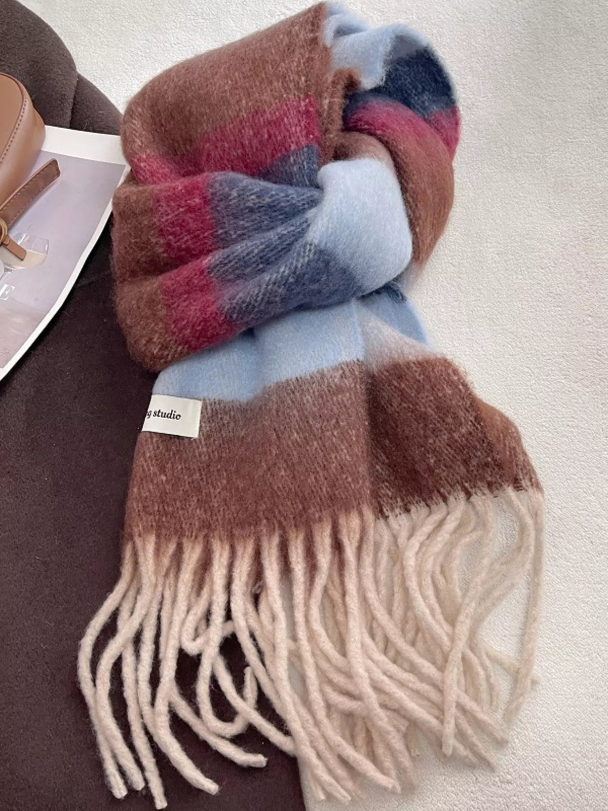Unisex Soft Plaid Tassel Warm Scarf — brown red and blue plaid scarf in a loose knot