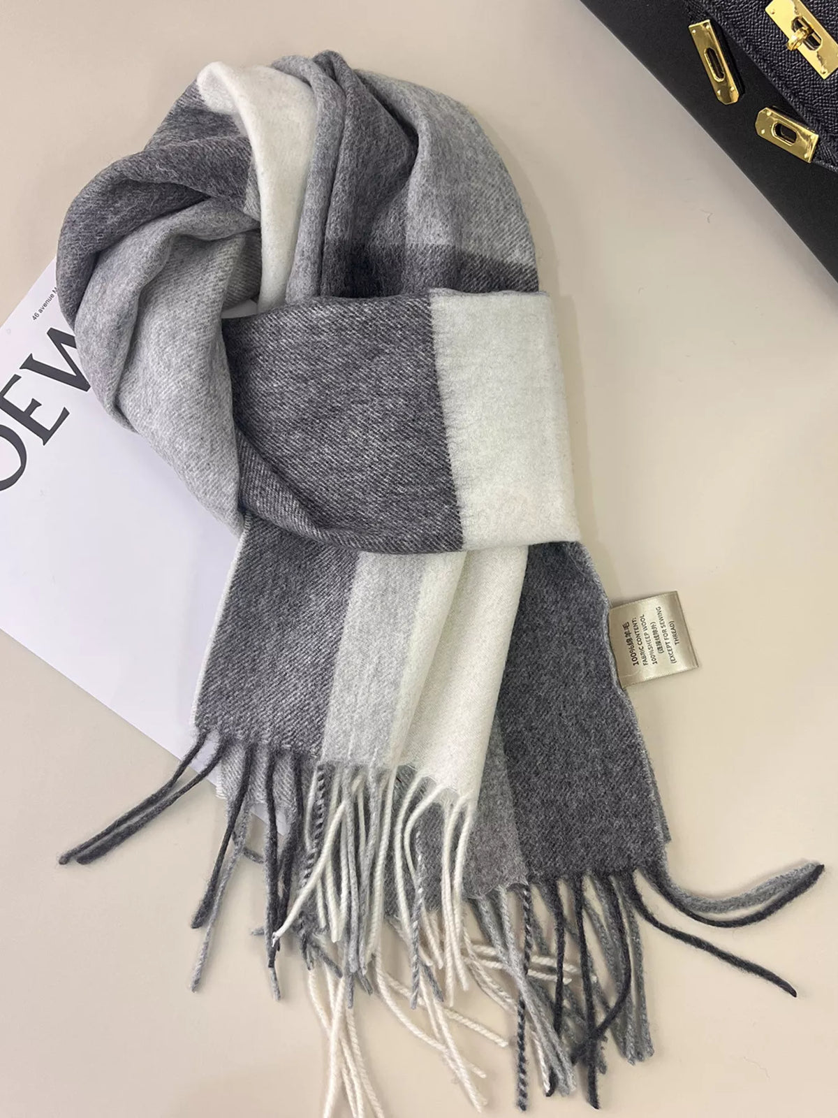 Unisex Plaid Fringe Scarf — dark gray checked scarf showing long fringe