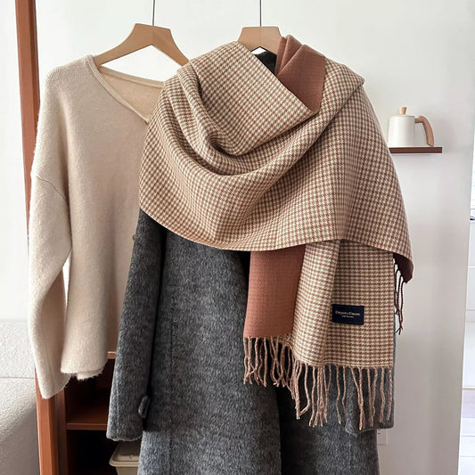 Unisex Plaid Fringe Warm Winter Scarf in Tan - front view 1