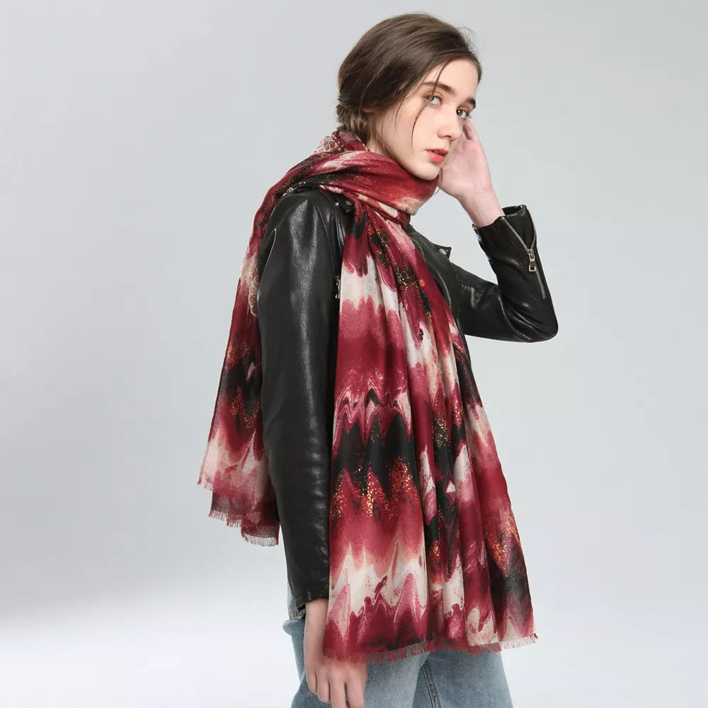 Unisex Abstract Print Lightweight Fashion Scarf — red abstract scarf styled over a dark jacket