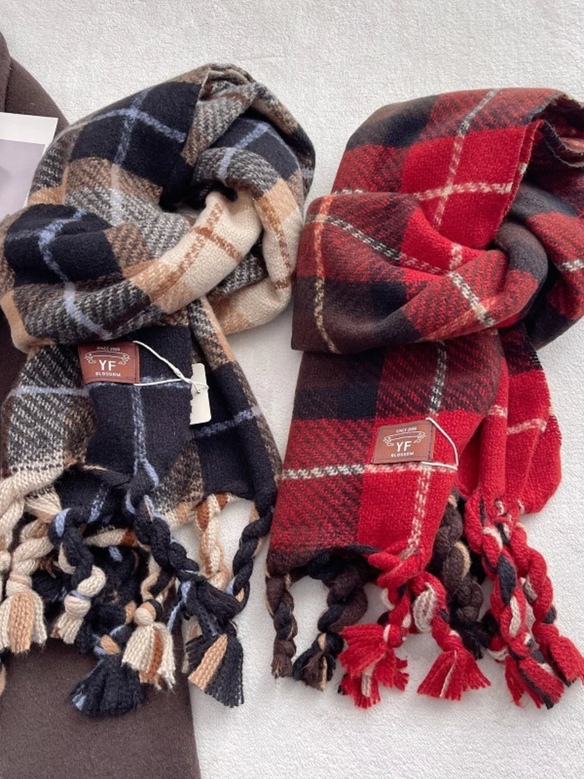 Unisex Warm Plaid Tassel Scarf — dark plaid and red plaid tassel scarves side by side