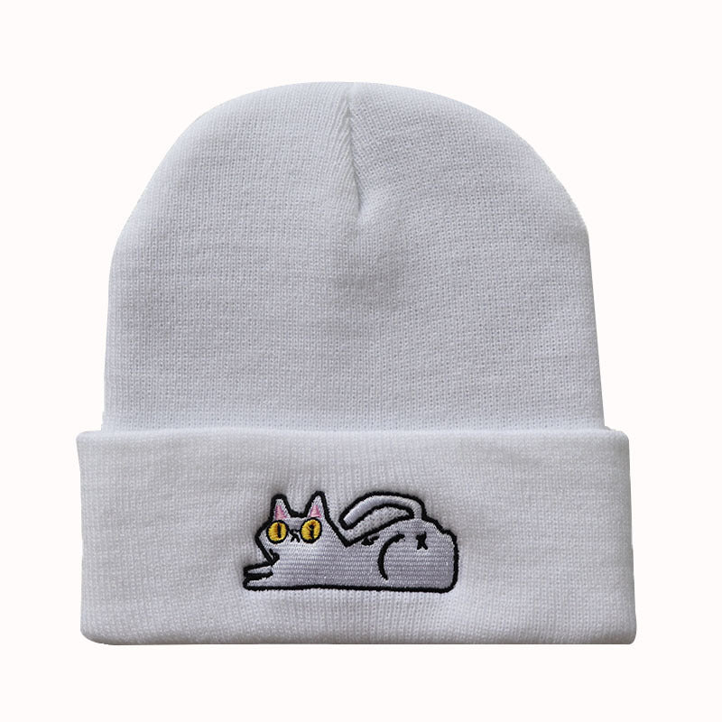 White cat embroidered beanie with a folded cuff