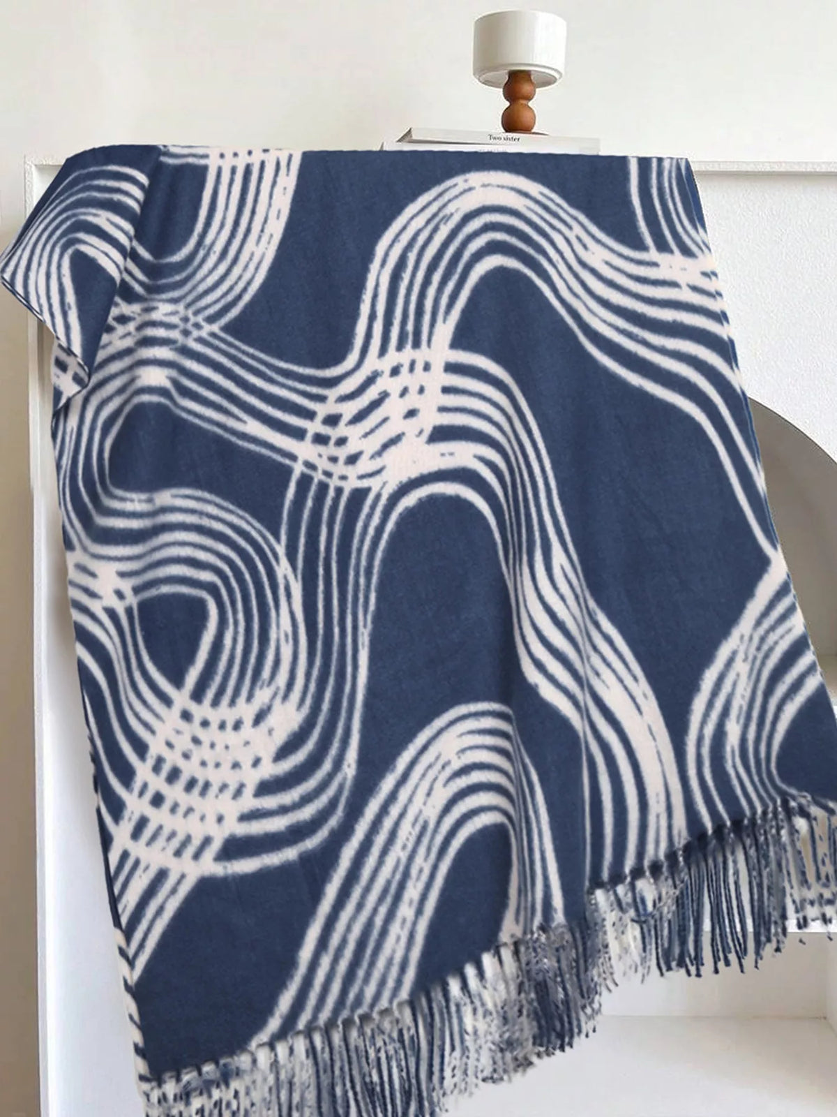 Unisex Geometric Patterned Fringe Scarf — blue scarf with pale curved line print and fringe