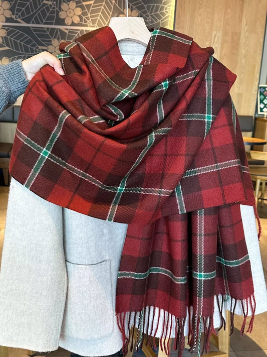 Unisex Everyday Classic Plaid Fringe Scarf in Red - front view 1