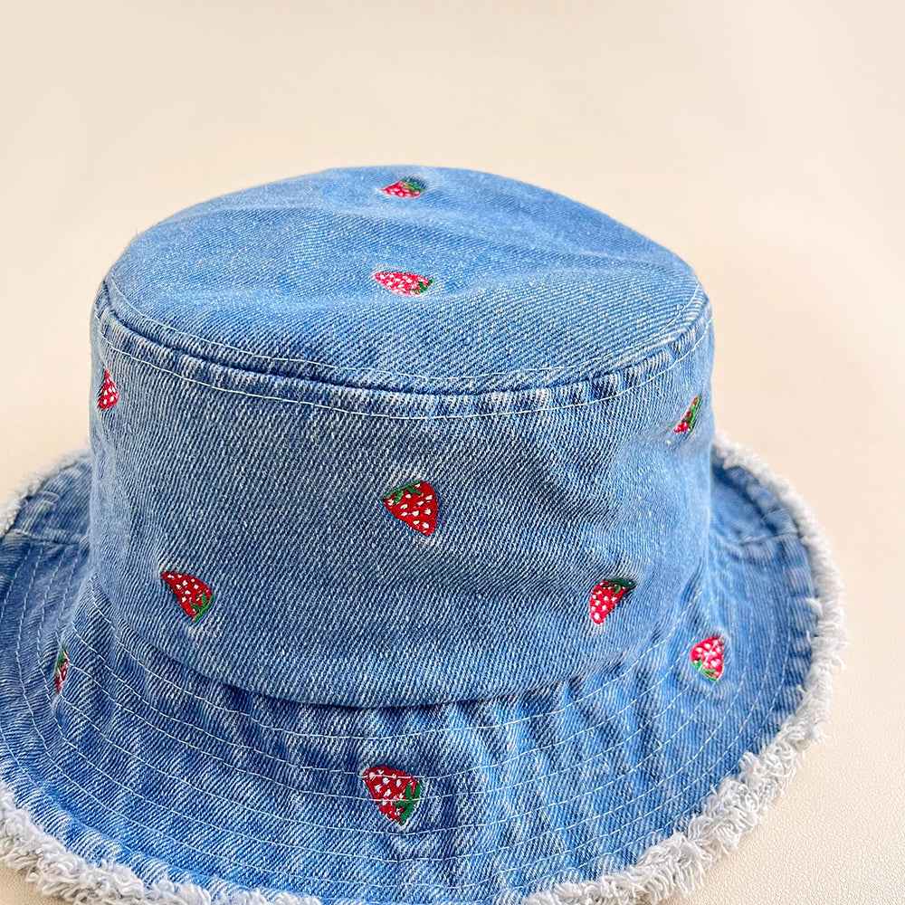 Women's Blue Flower Embroidered Denim Bucket Hat with Frayed Brim embroidery close-up