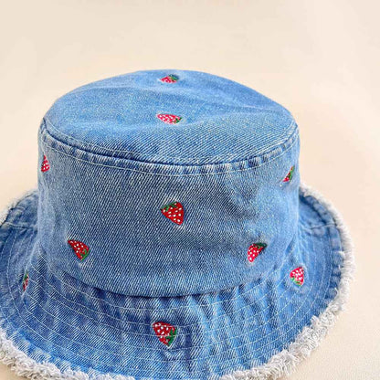 Women's Blue Flower Embroidered Denim Bucket Hat with Frayed Brim embroidery close-up