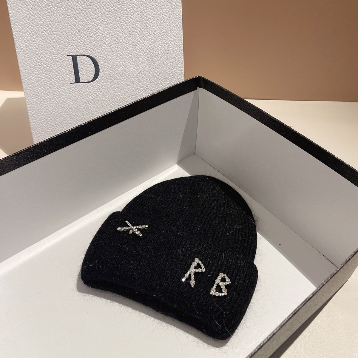 Women's Rhinestone Embellished RB Letter Knit Winter Beanie — black knit beanie with rhinestone RB lettering