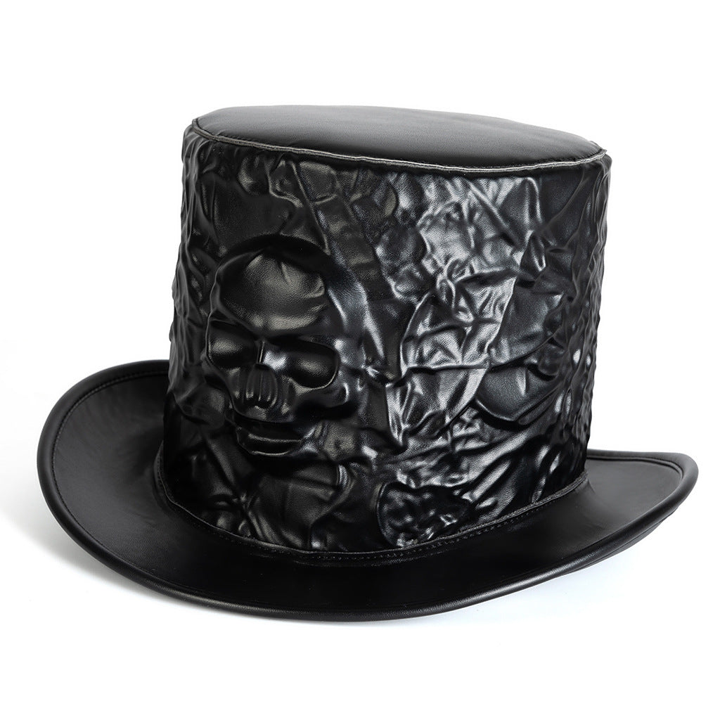Unisex Gothic Skull PU Leather Top Hat - Black front view