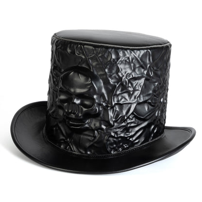 Unisex Gothic Skull PU Leather Top Hat - Black front view